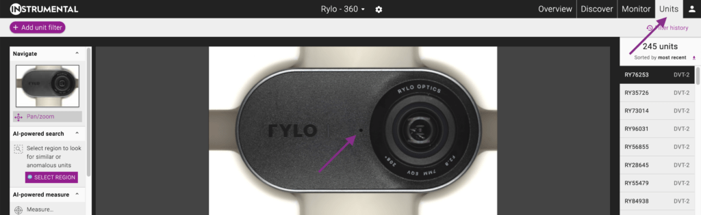 Instrumental application with the Units page selected and an image of the front plate of a unit, featuring a mic hole.