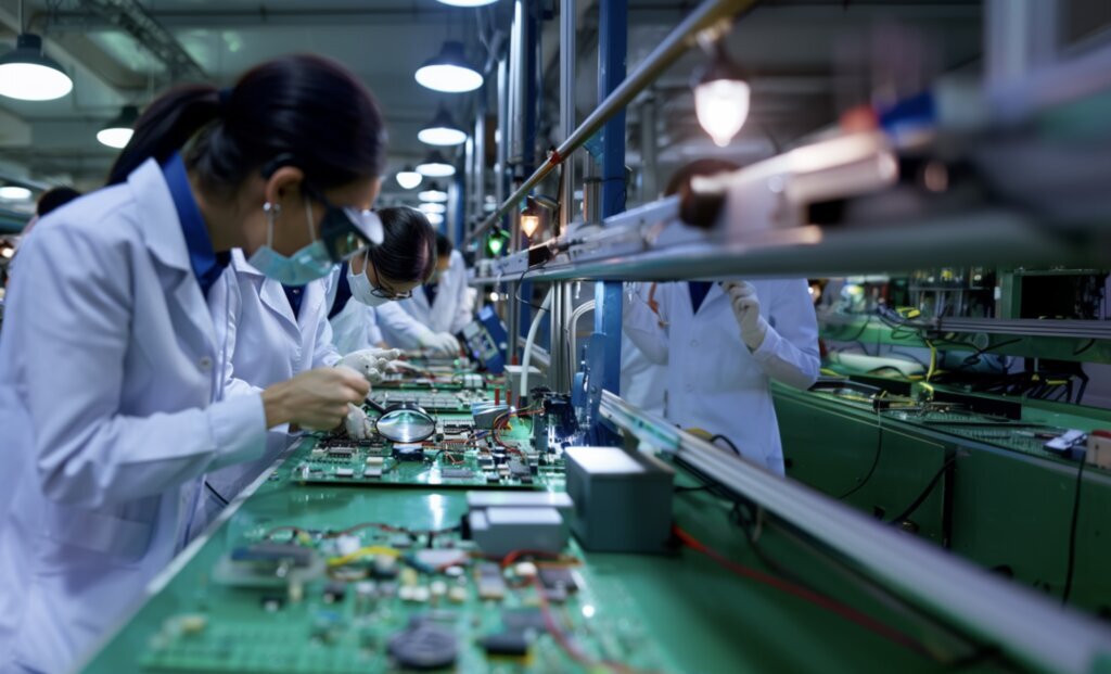 A team of engineers in white lab coats finding potential sources of failure in their products.