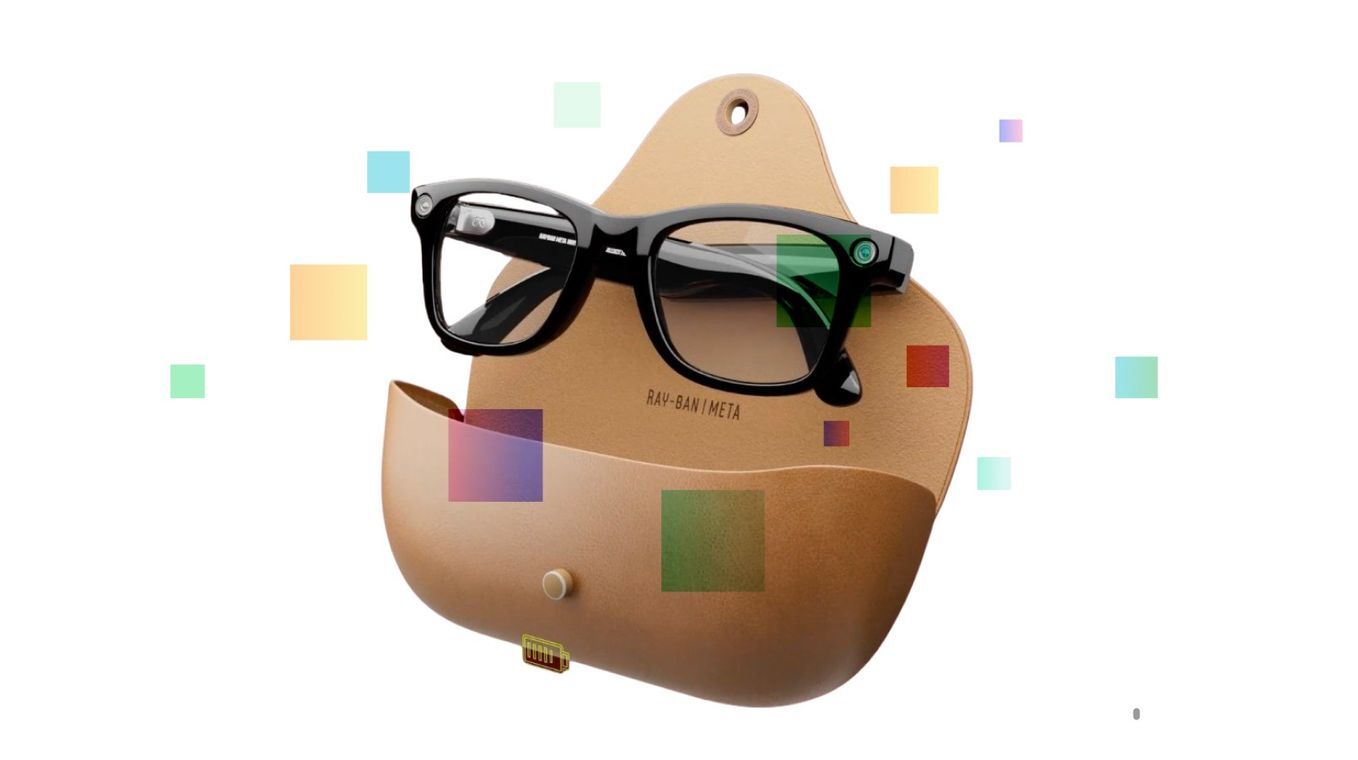 Glasses with embedded cameras and a beige case