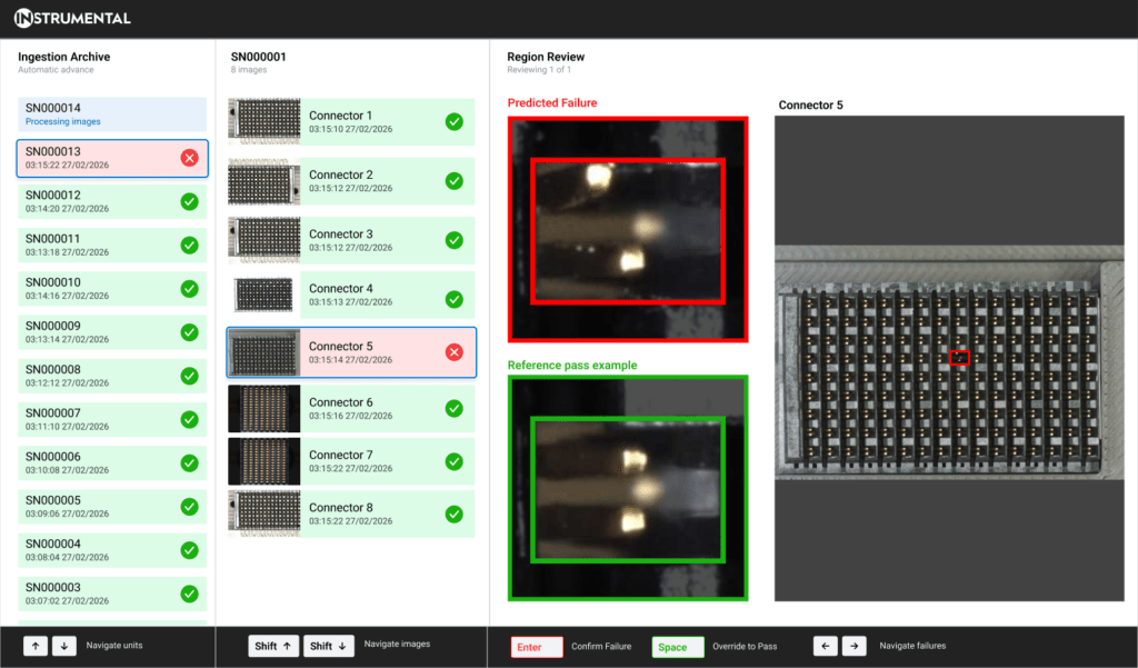 Instrumental's manufacturing control platform identifies defects on a high density pin connector. 