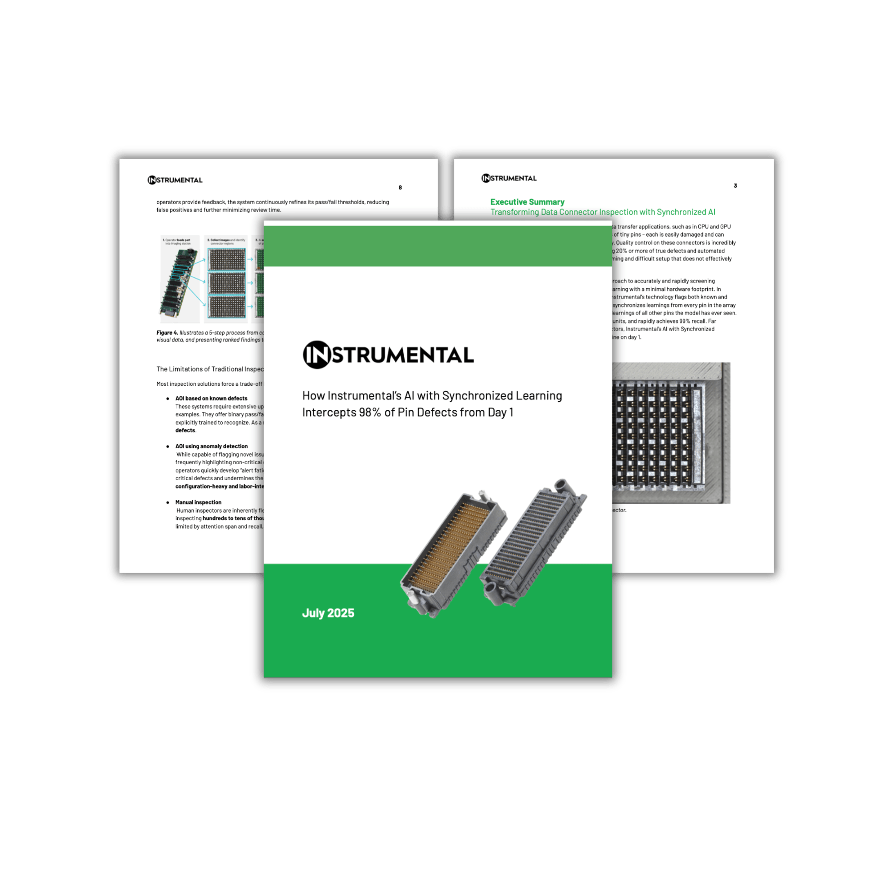Three pages of a case study stacked with a drop shadow.