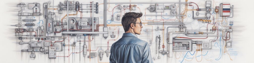 Man examining whiteboard covered in sketches