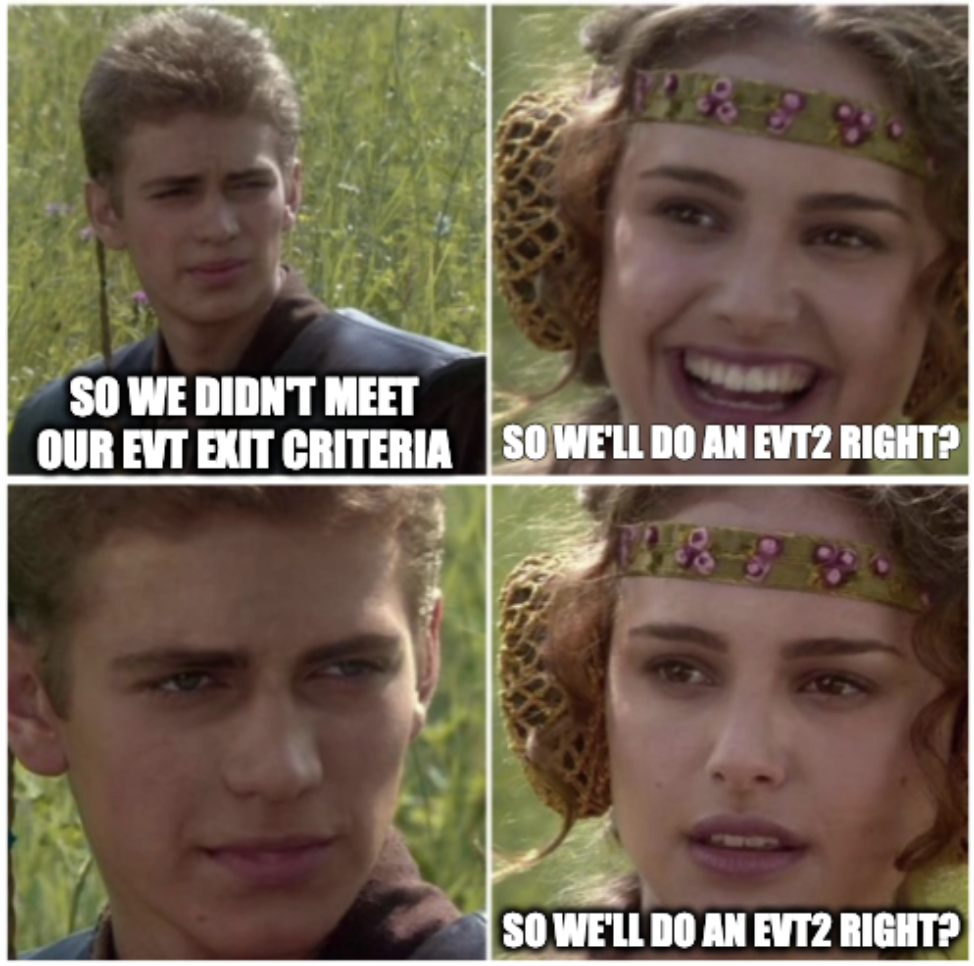 Star Wars meme: So we don't meet our EVT exit criteria
