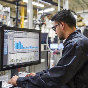 Manufacturing engineer looking at a manufacturing analytics dashboard