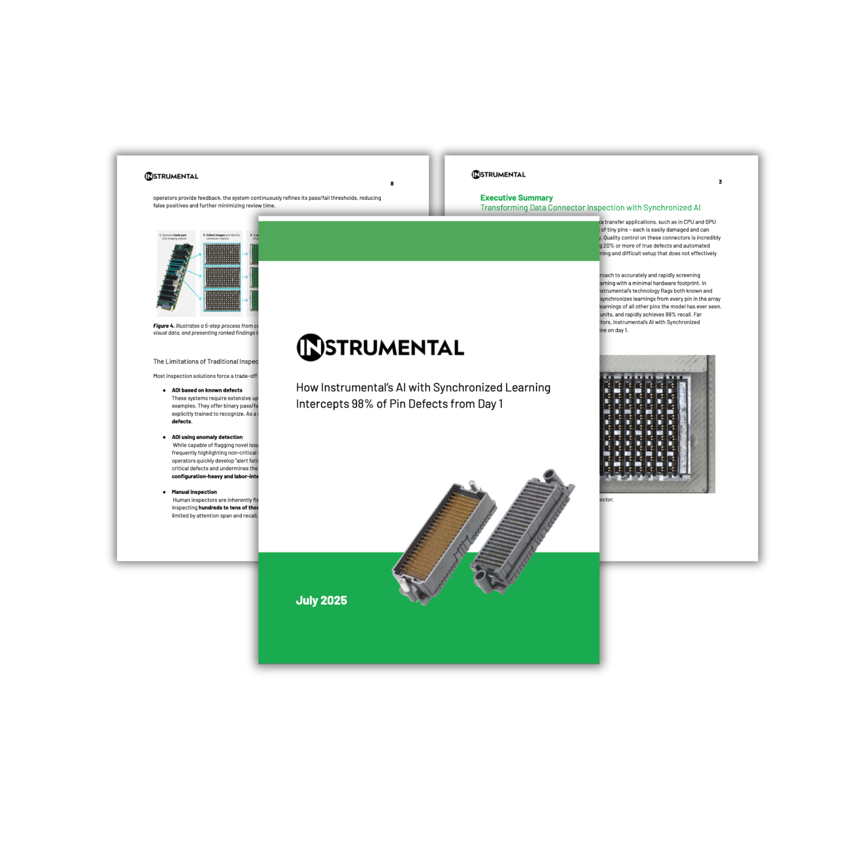 Three pages of a case study stacked with a drop shadow.