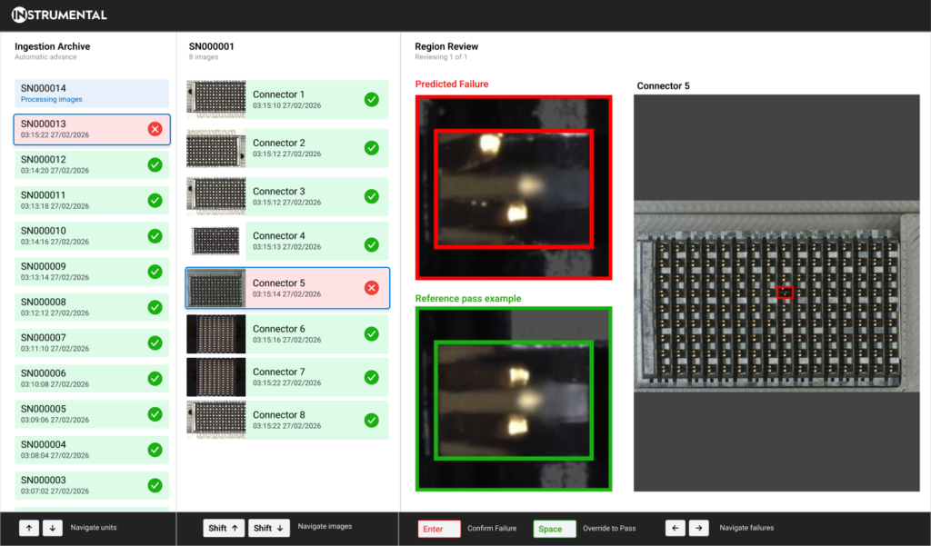 Instrumental's manufacturing control platform identifies defects on a high density pin connector.